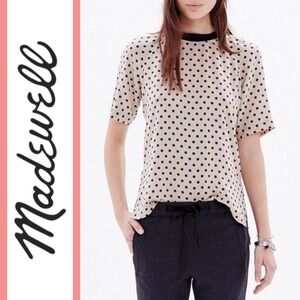 Madewell Short Sleeves Polka Dot Silk Blouse Top Tan Black Collar Zipper XS